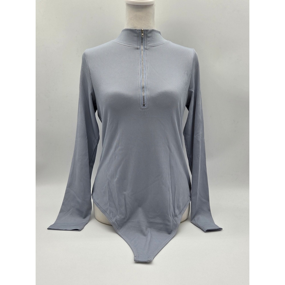 Gray Ribbed Long Sleeve Half Zip Mock Neck Bodysuit Size XL 101-511